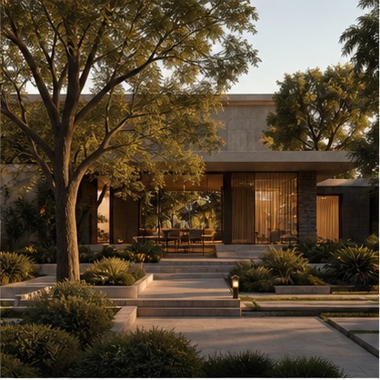 Private estate arrival court at sunset